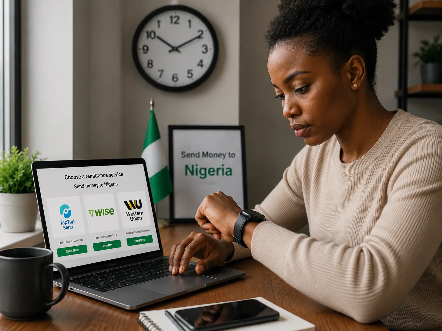 A professional comparing remittance services and timing an international money transfer to Nigeria
