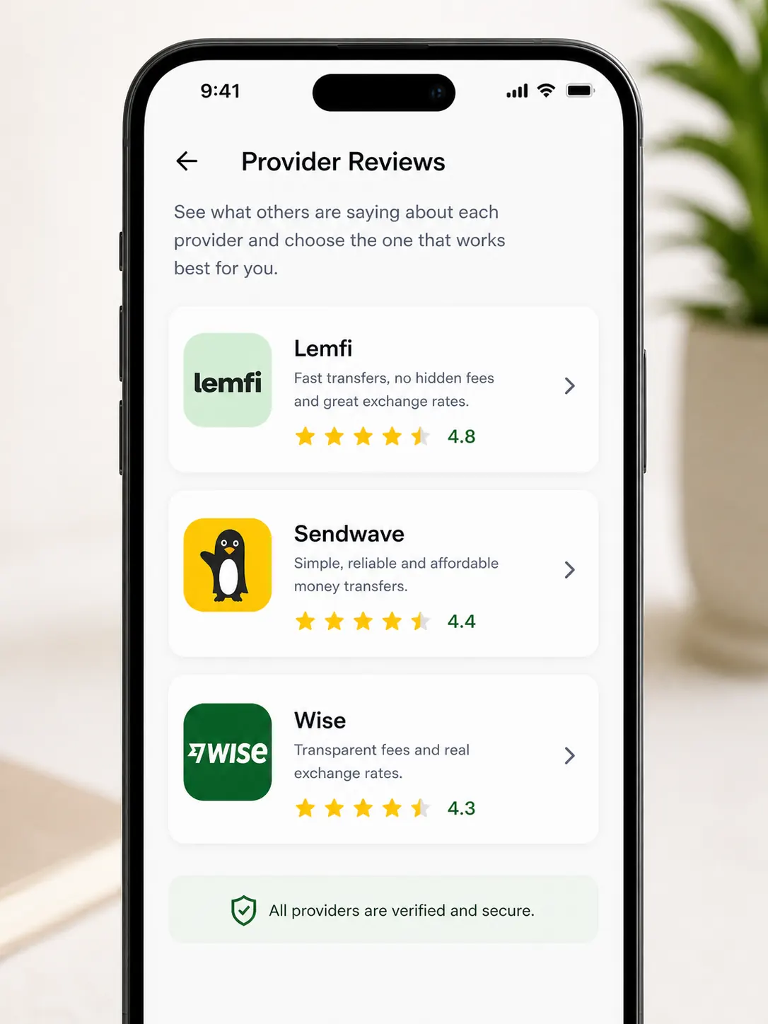 Provider reviews screen showing transfer providers and ratings