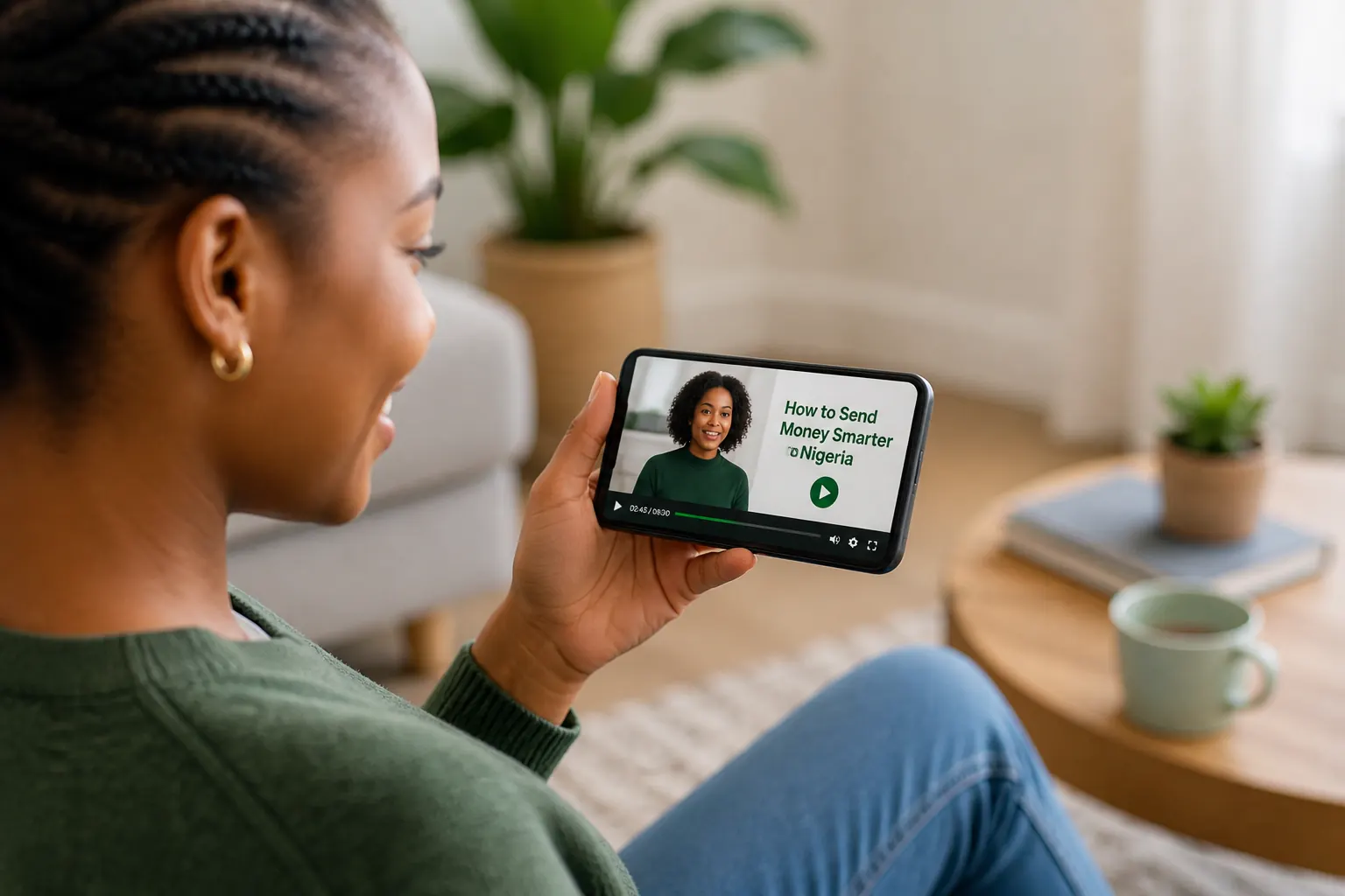 Person watching a SaveRateAfrica money transfer video on a phone